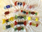 MURANO WRAPPED CANDY Colored Red Blue Yellow Blown Glass Art Vtg Lot 14 Pieces