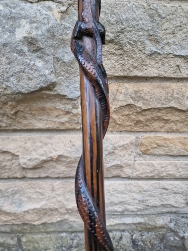Antico bastone da passeggio Lignum Vitae arte popolare serpente africano che mangia una lucertola - Foto 8 di 24
