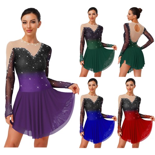 Abito pattinaggio figura donna maglia glitterata pattinaggio su ghiaccio ballo danza lirica - Foto 6 di 45