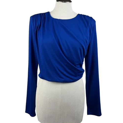 Women's DO + BE Royal Blue Blouse Ruched Long Sleeve Side Zip Cropped Top Large