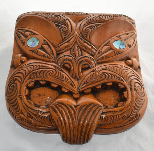 Lrg MAORI New Zealand Wood Carving TiKI Face MASK Paua Shell Eyes Wall Art 15x13