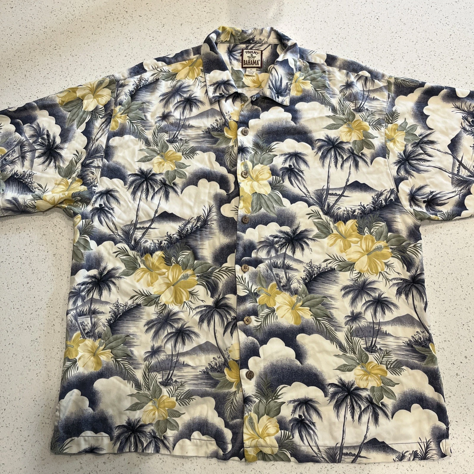 VTG Tommy Bahama Shirt Mens XL Blue Button Up Hawaiian All Over Print Silk Blend
