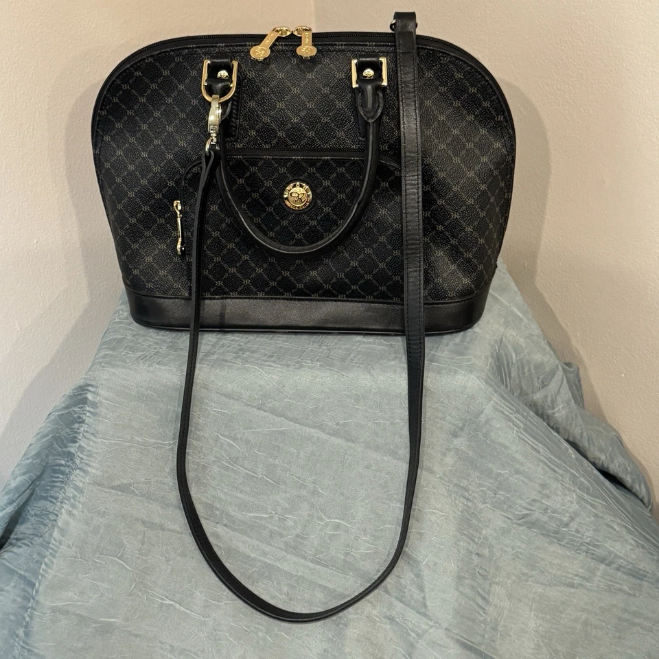 Rioni 签名黑色 MODA Italiana 圆顶手柄帆布皮革单肩包 — 第 2/4 张图片