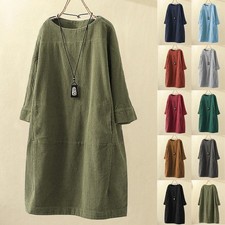 Vintage Womens Corduroy Pockets Dresses Casual Baggy Shirts Dress Tops Plus Size