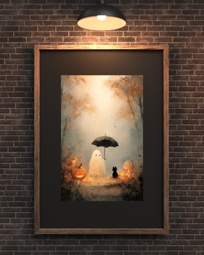Ghost Black Cat Umbrella Halloween Art Print Gothic Fantasy Wall Decor - Picture 4 of 5