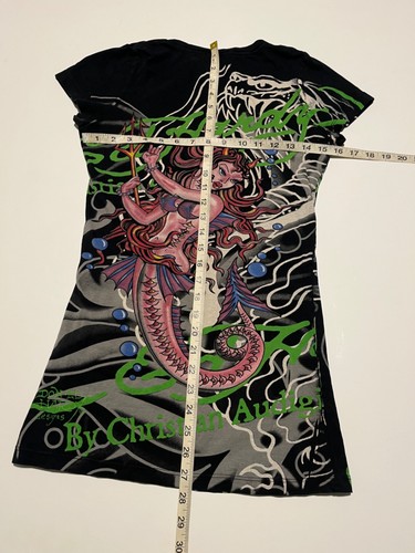 Ed Hardy Damen Meerjungfrau Mini T Shirt Kleid tailliert Rundhals Y2K M RAR schwarz AOP - Bild 9 von 9