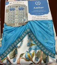 Blue Blackout Design Window Panels With Attached Beaded Valance