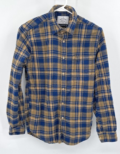 Portuguese Flannel Shirt Sz S Tan Blue Plaid Long Sleeve Button Up Pocket
