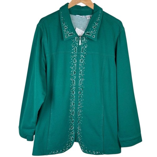 Dream Jeannes Quacker Factory 3X NWT Green Rhinestone Full Zip Fancy Jacket - Picture 6 of 13