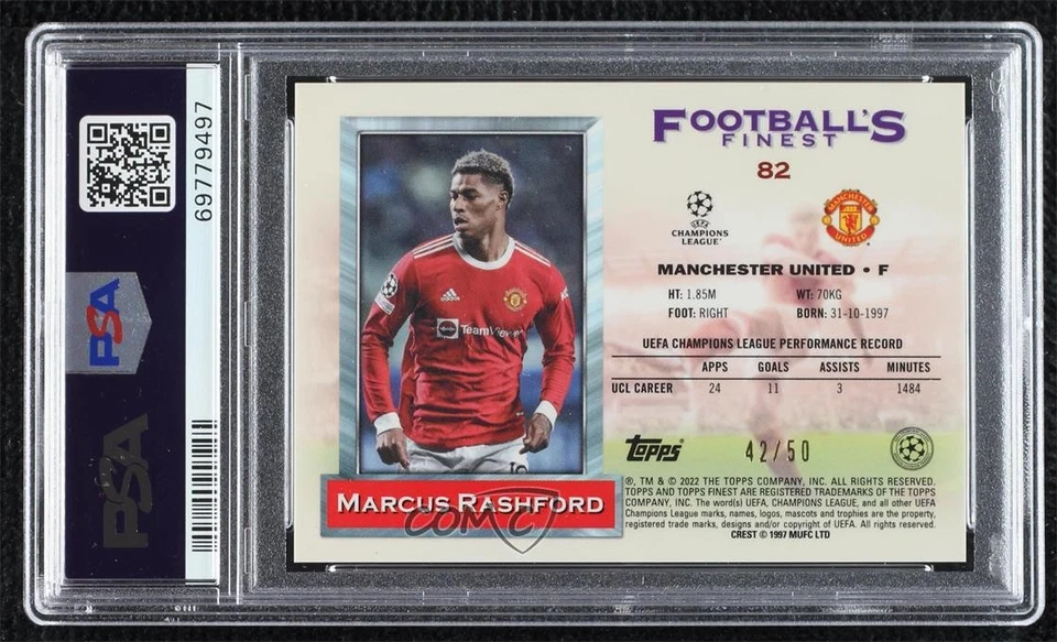 2021 Finest Flashbacks UCL Gold Refractor /50 Marcus Rashford #82 PSA 10 GEM MT - Image 2 of 2