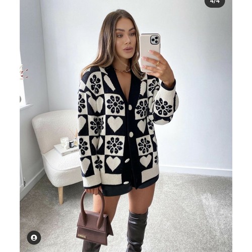 ZARA Strick Cardigan Pullover Jacquard Jacke Schwarz Elfenbein Kariert Retro Small - Bild 11 von 20
