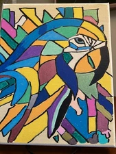 Acrylic Painting Cubism Parrrot 8"x10" Original With Vibrant Bright Colors