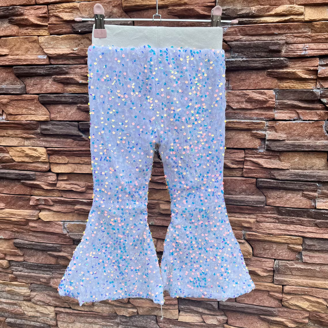 Sequin Bell Bottom Pants Pink 70s Disco High Waist Flare Pants