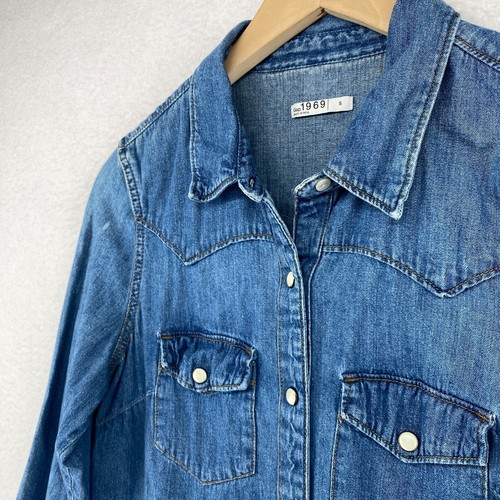GAP 1969 Dress S Western Jean Shirtdress Pearl Snap Long Sleeve Denim Blue - Picture 2 of 12