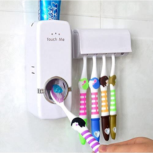 TOOTHPASTE DISPENSER BATHROOM FAMILY ONE TOUCH NO BATTERIES TOOTHBRUSH HOLDER - Picture 1 of 6