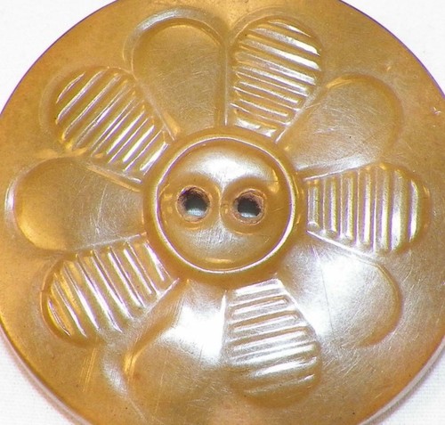 Art Deco Celluloid Button Golden Olive Tight Top Flower 2in. Vintage Coat #17 - Picture 2 of 4