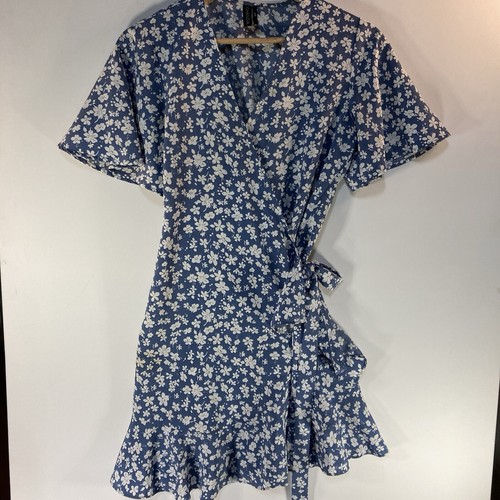 Ghanda Womens Blue White Floral Wrap Dress Size Small Frill Ruffle Tie - Picture 3 of 12
