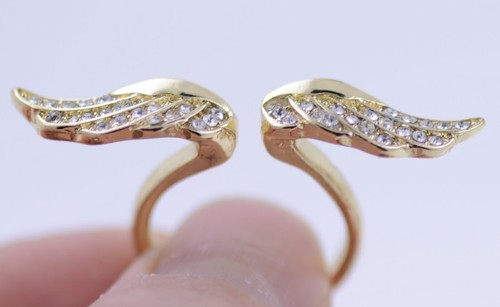 Gold Tone Angel Wing/Wings Open Ring with Crystal - Picture 4 of 6