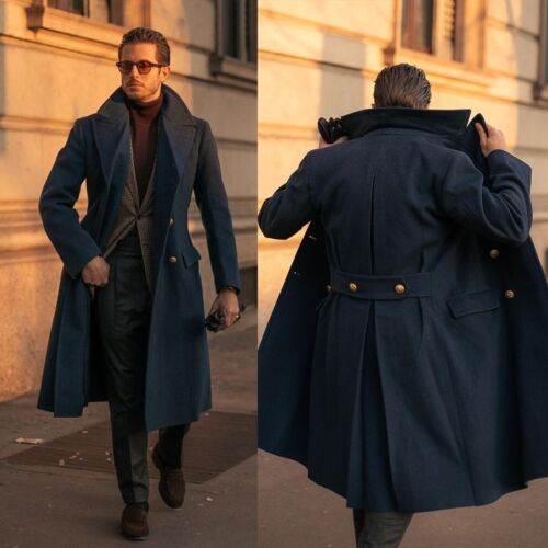 Vintage Navy Blue Wool Blend Men Overcoats Custom Made Peak Lapel Warm Coats - Picture 1 of 14