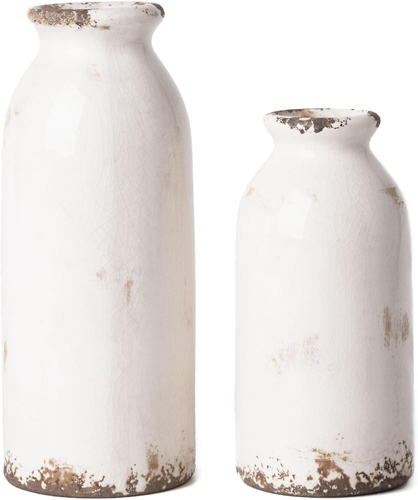 Ceramic Flower Vases White Rustic Farmhouse Vintage Distressed Home Decor 2 Pc - Picture 9 of 12