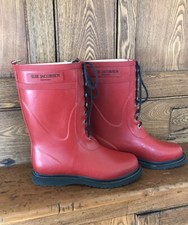 Ilse Jacobsen Red Rubber Rain Boots Mid Calf Lace Up 38 Navy Blue