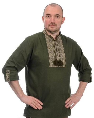 Camisa bordada para hombre hecha de lino "Moderna" caqui larga Ucrania Vyshyvanka nueva - Imagen 2 de 7