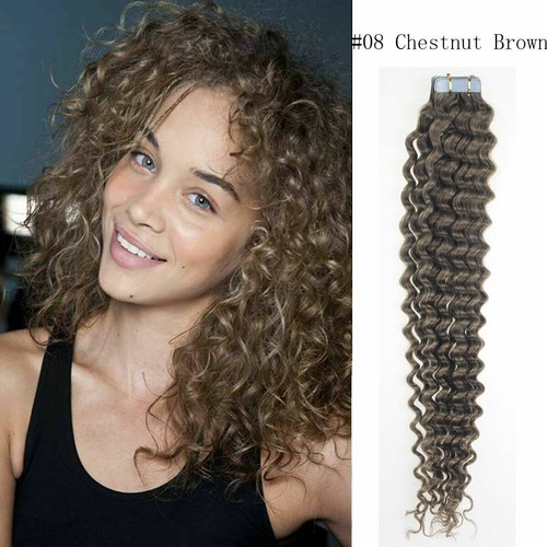 7A 18'' Body Wavy Curly Tape In Premium 100% Remy Human Hair Extensions 20pcs UK - Picture 25 of 155