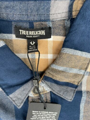 True Religion Flannel Shacket Mens XL Blue Tan Snap Button Trucker Western - Picture 9 of 21