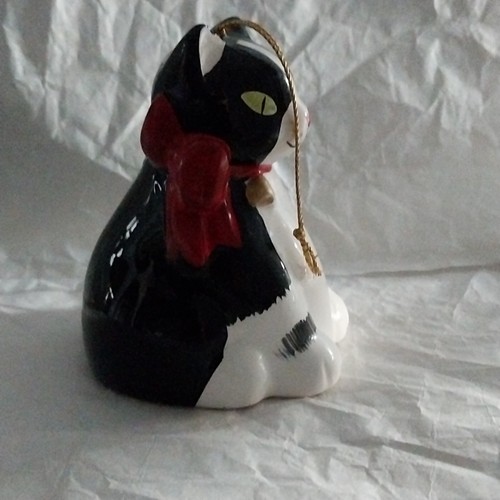 Vtg Silvestri Handpainted Ceramic Tuxedo Cat Red Bow Big Eye Bell Ornament 3.25" - Picture 2 of 10