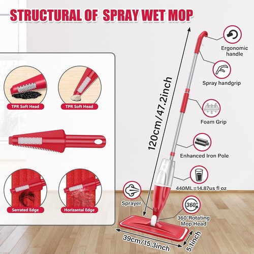 Microfiber Spray Mop with 3 Washable Pads for Hardwood Laminate Tile Floors - Picture 2 of 9