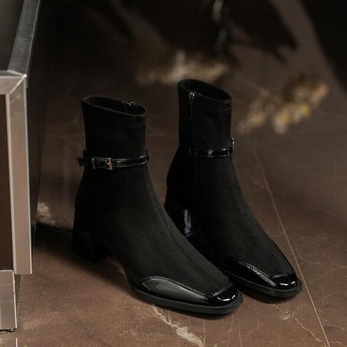 Mujeres Vestido Botines Puntera Cuadrada Hebilla Decoración Cremallera Imitación Gamuza Retazos Zapatos - Imagen 10 de 12