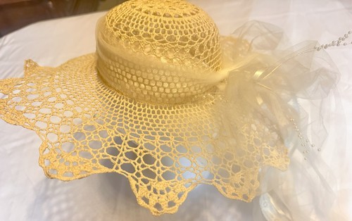 Vintage Crochet Girls Sun Garden Hat Straw Mesh Netting White Ribbons Cream - Picture 4 of 5