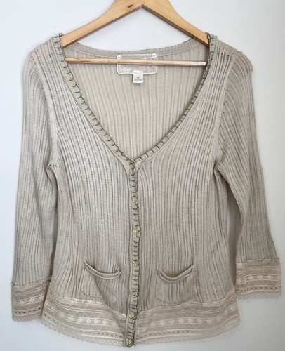 Nick & Mo Sweater Women's Medium Beige Crocheted Long Sleeve Button Up Cardigan