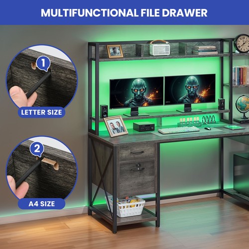 59" Office Gaming Computer Desk File Drawers Shelves LED Light w/ Power Outlets - Picture 6 of 13