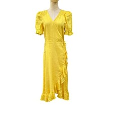 a loves a Long Yellow Linen Wrap Maxi Dress Size M Puff Sleeve Ruffled Summer