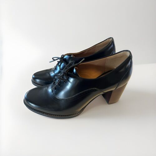 Clarks Black Leather Lace-Up Oxford Block Heels 7M Academia Witchy Artisan - Picture 3 of 23
