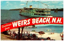 Postcard Weirs Beach NH Greetings Beach and Ship Multiview