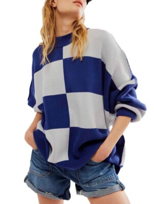 Free People Checker Easy Street Tunika Pullover Slouchy Blau UK S OVERSIZED