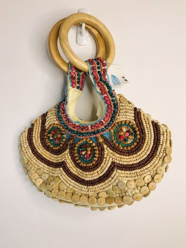  Wheat Wooden Beaded Multicoloured Handbag Ethnic Boho NWT - Picture 7 of 11