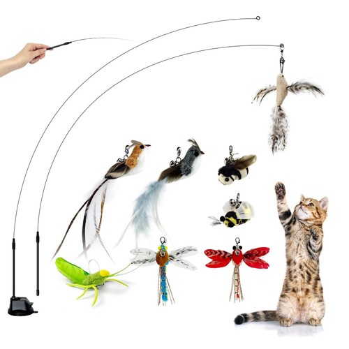 Cat Feather Toys with 1 Suction Cup,2 Cat Wands,8Pcs Birds and Insects Simula...
