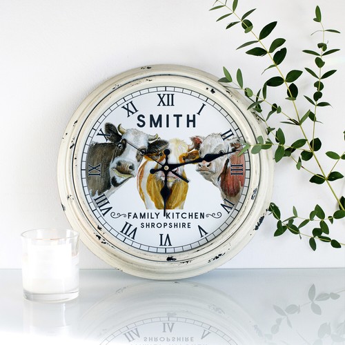 Personalised Kitchen Wall Clock Cow Family Name Round Glass Gift KRC05 - Picture 7 of 17