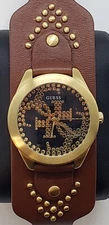 Guess women's gold tone black Watch brown Leather Calfskin bund Strap U1141L2