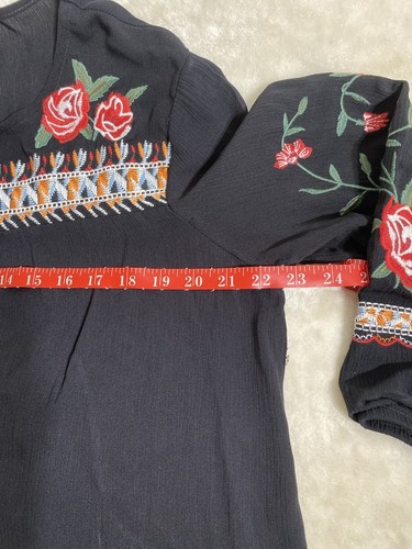 Womens LG Peasant Shirt Black w Red Rose Boho Festival Embroidered Tribal Flowy - Afbeelding 3 van 9