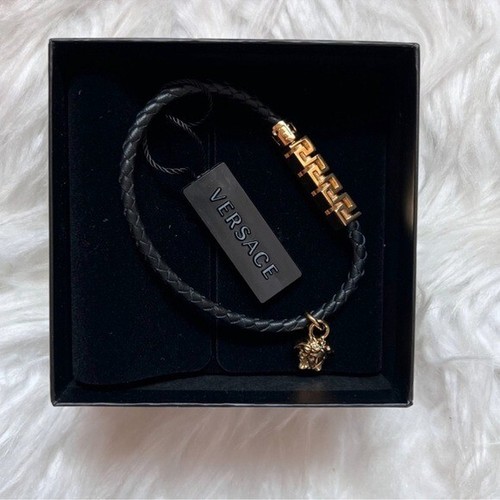 New! NWT VERSACE Medusa La Greca Logo Black Leather Braided Bracelet $450 - Foto 3 di 12