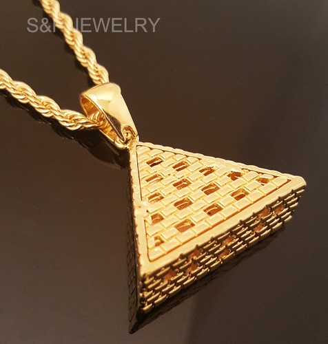 Men Hip Hop 14k Gold Plated Eye of Horus Egypt Pyramid Pendant & 24" Rope Chain - Picture 4 of 5