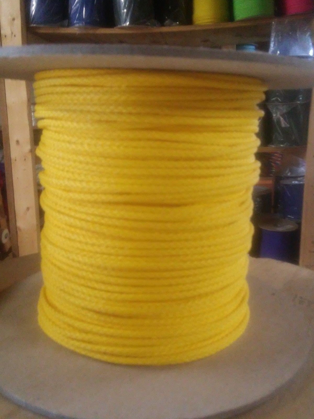 1 8 x 1000 ft.(2 lengths) Polyethylene Rope Spool. Yellow. Made in USA 1 8 x 1000 ft.(2 lengths) Polyethylene Rope Spool. Yellow. Made in USA