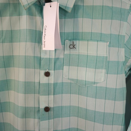 Calvin Klein Jeans Shirt Boys Sz 8 (S) Button Up Plaid Green White New Tags - Picture 6 of 10