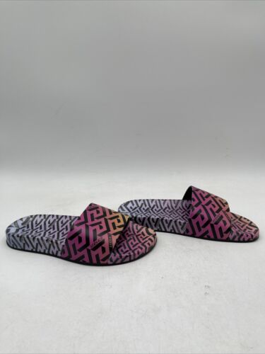 Versace Women's Rainbow Logo Print Multi-Color Pool Slides Size 36