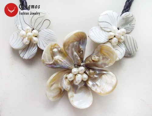 Baroque White Shell Flower Pearl Pendant Necklace for Women Black Rope 18'' - Picture 12 of 17