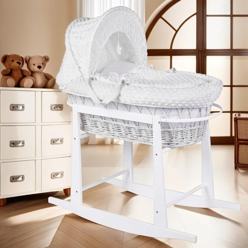 Lussuoso cesto imbottito in vimini bambino cesto Moses set completo supporto a dondolo manico bianco/bianco - Foto 2 di 5